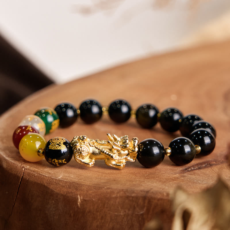 Fortune Jewel Natural Gold Sheen Obsidian PiXiu Five Directions Gods of Wealth Protection Bracelet