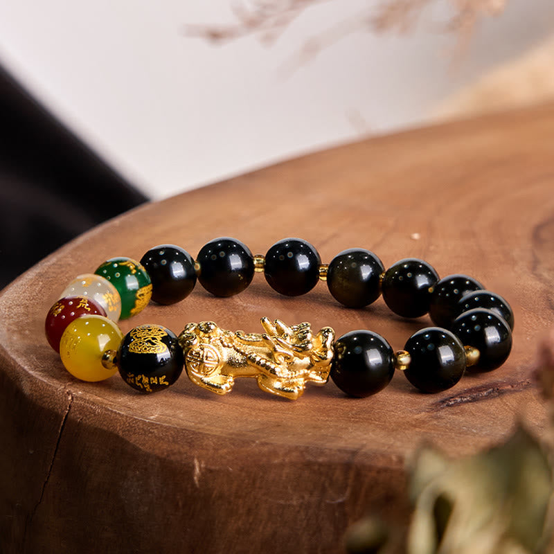 Fortune Jewel Natural Gold Sheen Obsidian PiXiu Five Directions Gods of Wealth Protection Bracelet