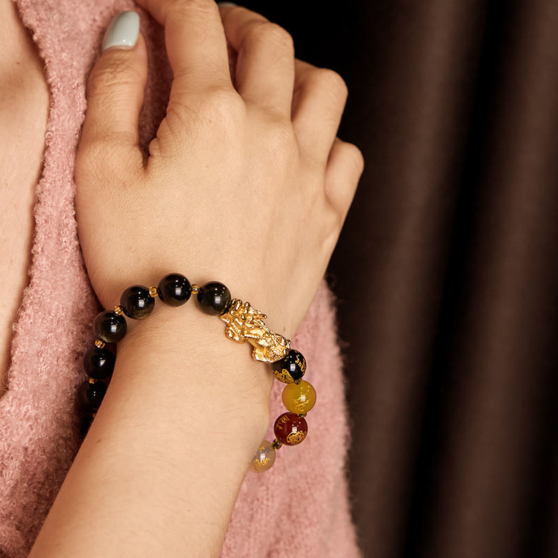 Fortune Jewel Natural Gold Sheen Obsidian PiXiu Five Directions Gods of Wealth Protection Bracelet