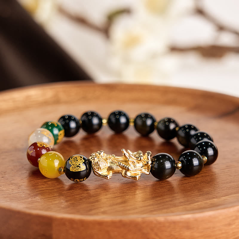 Fortune Jewel Natural Gold Sheen Obsidian PiXiu Five Directions Gods of Wealth Protection Bracelet
