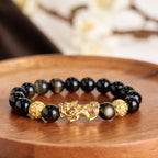 Fortune Jewel Natural Gold Sheen Obsidian PiXiu Om Mani Padme Hum Wealth Bracelet