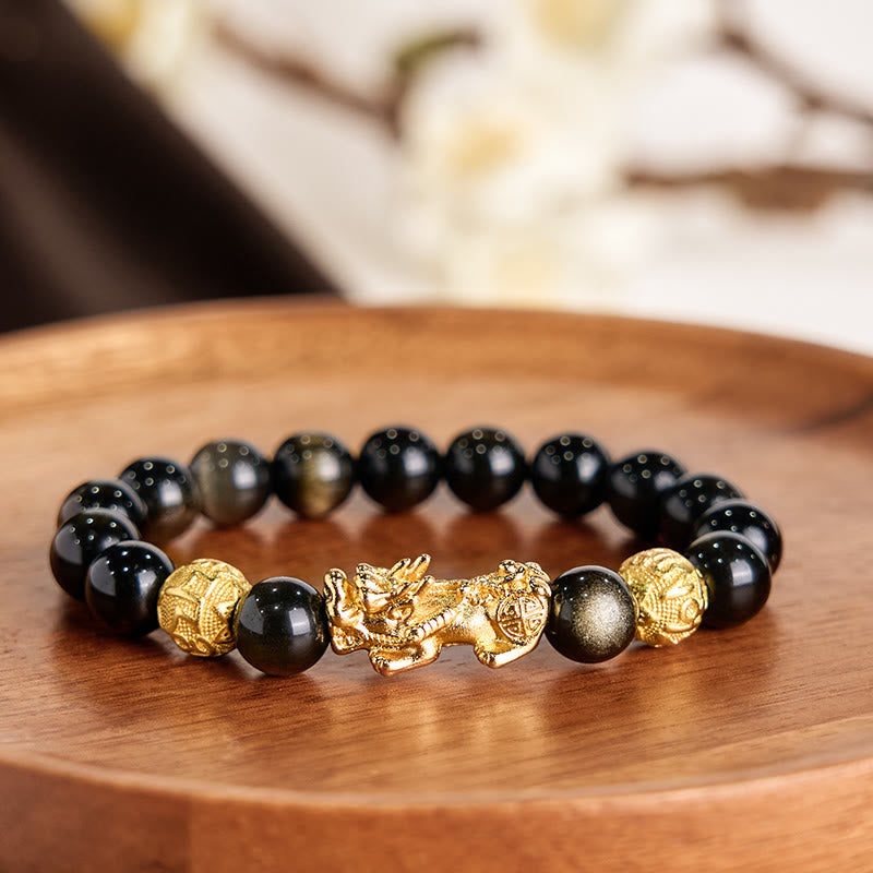 Fortune Jewel Natural Gold Sheen Obsidian PiXiu Om Mani Padme Hum Wealth Bracelet