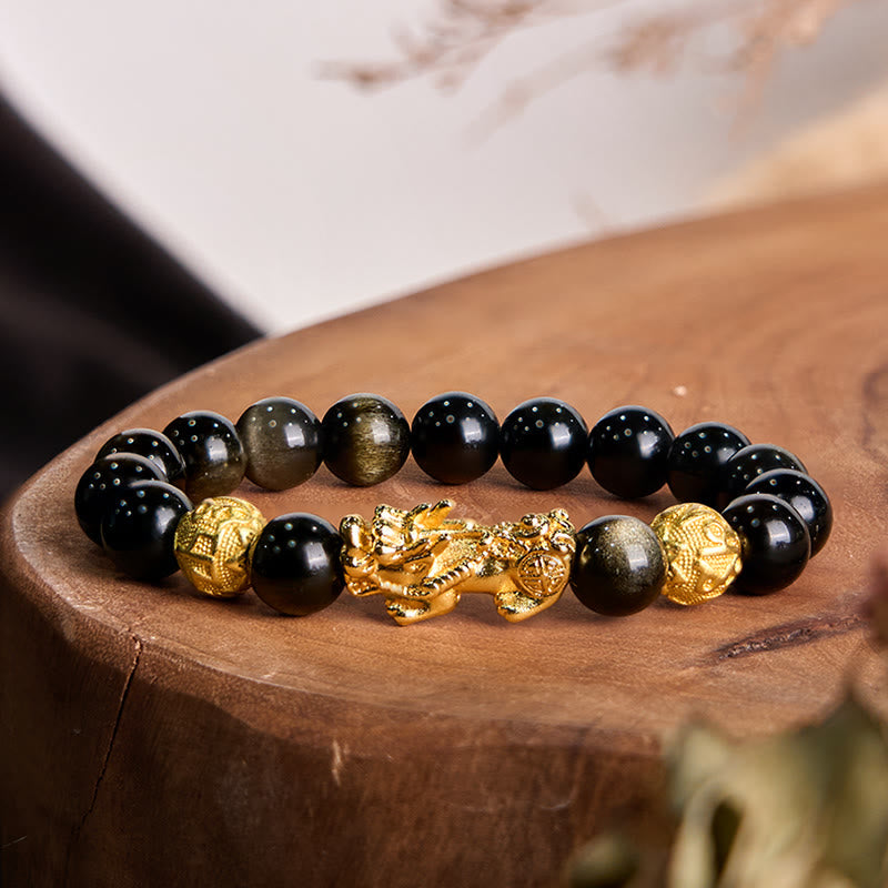 Fortune Jewel Natural Gold Sheen Obsidian PiXiu Om Mani Padme Hum Wealth Bracelet