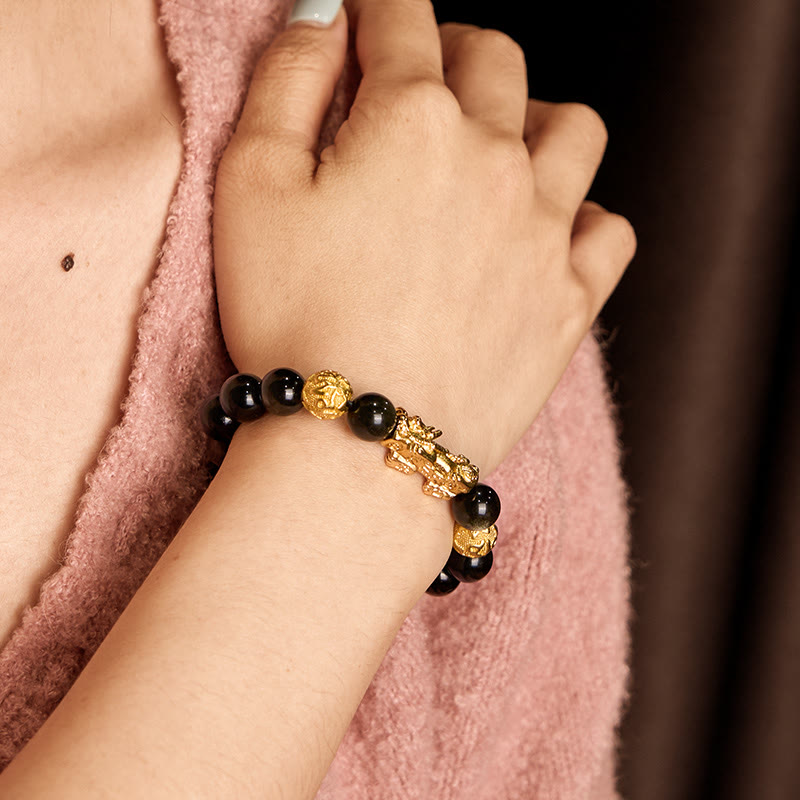 Fortune Jewel Natural Gold Sheen Obsidian PiXiu Om Mani Padme Hum Wealth Bracelet