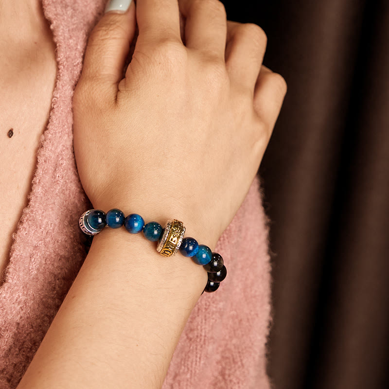 Fortune Jewel Silver Sheen Obsidian Blue Tiger Eye Om Mani Padme Hum Protection Bracelet