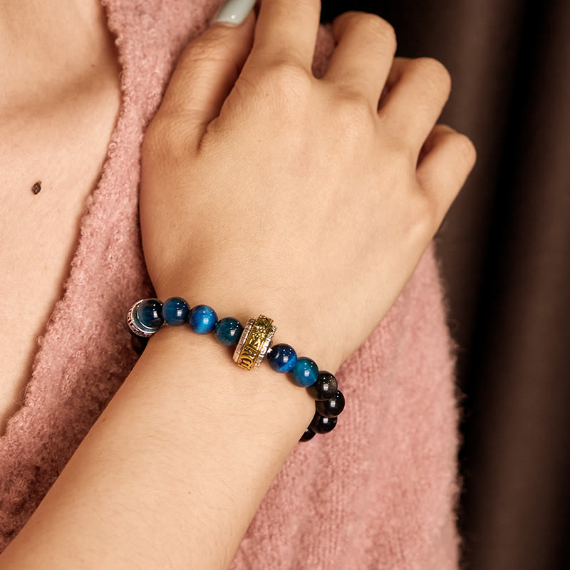 Fortune Jewel Silver Sheen Obsidian Blue Tiger Eye Om Mani Padme Hum Protection Bracelet