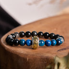 Fortune Jewel Silver Sheen Obsidian Blue Tiger Eye Om Mani Padme Hum Protection Bracelet