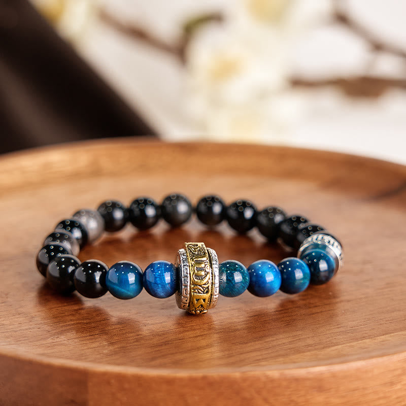 Fortune Jewel Silver Sheen Obsidian Blue Tiger Eye Om Mani Padme Hum Protection Bracelet
