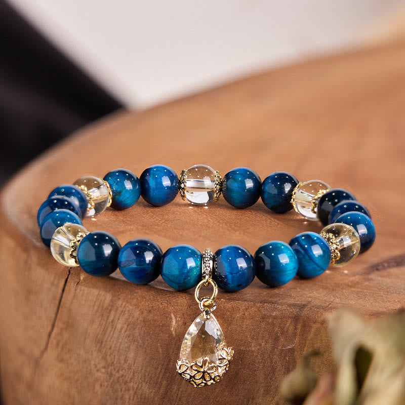 Fortune Jewel Blue Tiger Eye White Crystal Water Drop Strength Bracelet