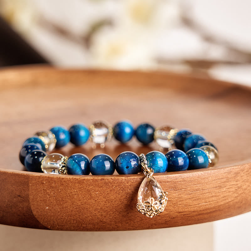 Fortune Jewel Blue Tiger Eye White Crystal Water Drop Strength Bracelet