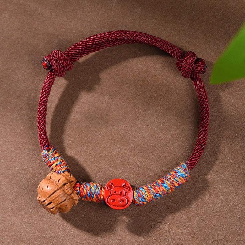 Fortune Jewel Handmade Chinese Zodiac Red String Peach Pit Cinnabar Luck Bracelet