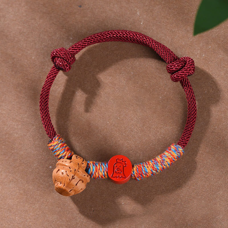 Fortune Jewel Handmade Chinese Zodiac Red String Peach Pit Cinnabar Luck Bracelet