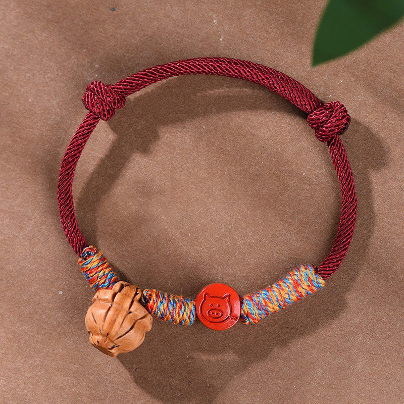 Fortune Jewel Handmade Chinese Zodiac Red String Peach Pit Cinnabar Luck Bracelet