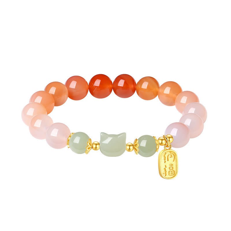 Fortune Jewel 925 Sterling Silver Red Agate Hetian Jade Cat Fu Character Confidence Bracelet