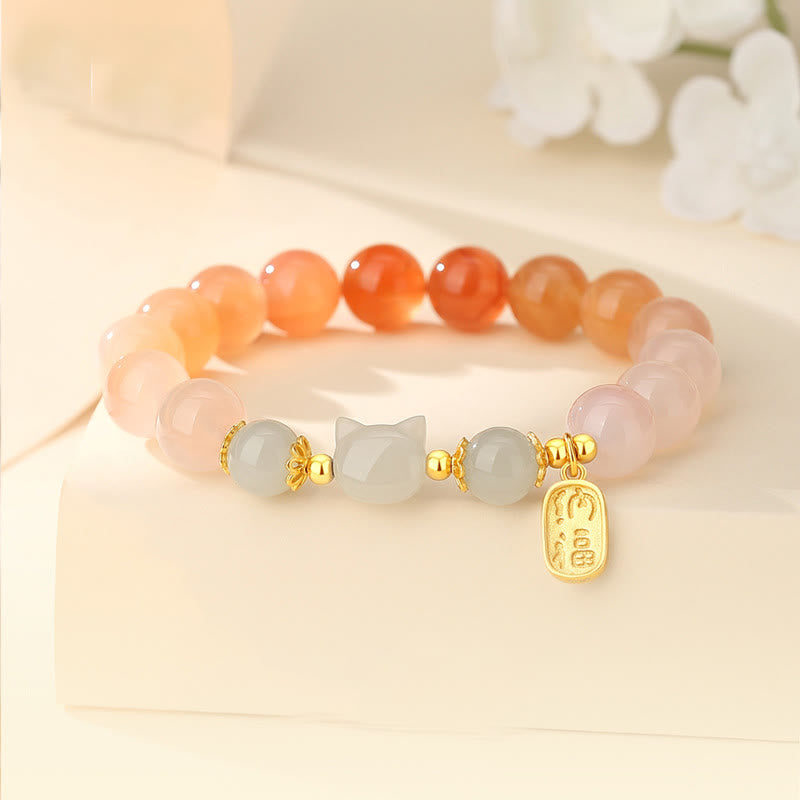 Fortune Jewel 925 Sterling Silver Red Agate Hetian Jade Cat Fu Character Confidence Bracelet