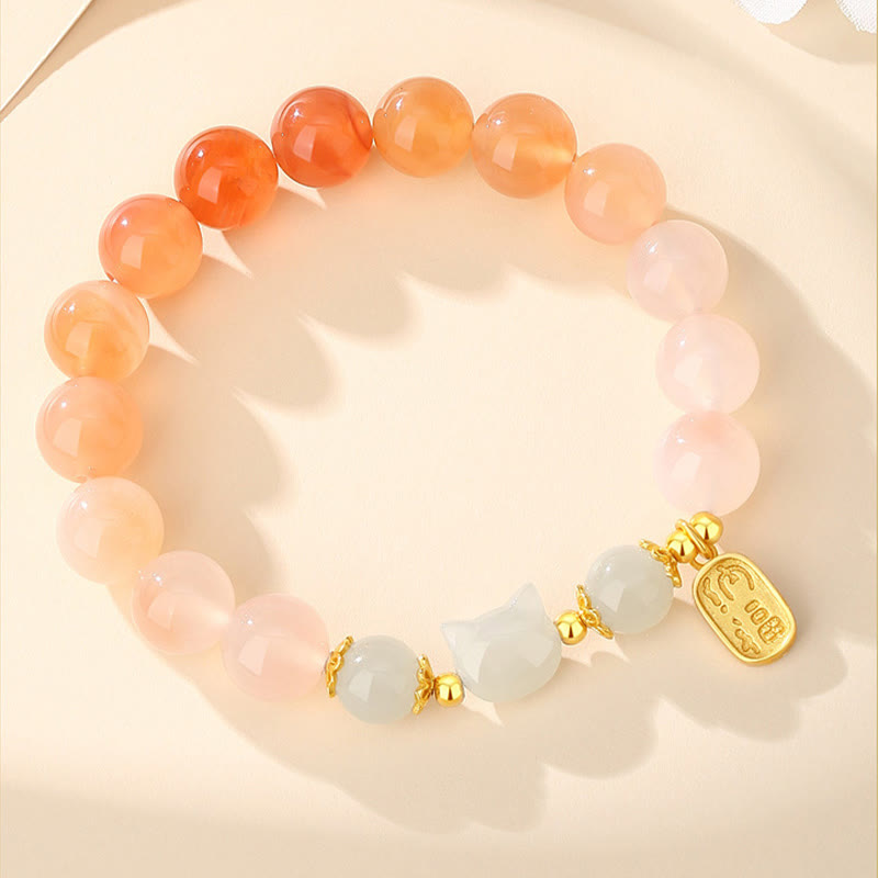 Fortune Jewel 925 Sterling Silver Red Agate Hetian Jade Cat Fu Character Confidence Bracelet