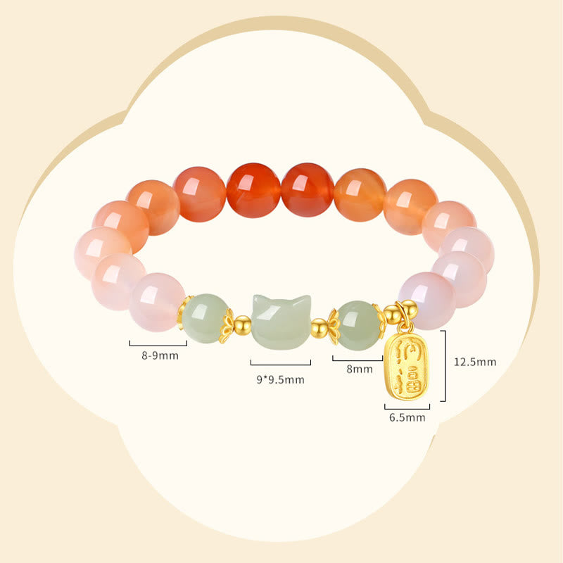 Fortune Jewel 925 Sterling Silver Red Agate Hetian Jade Cat Fu Character Confidence Bracelet