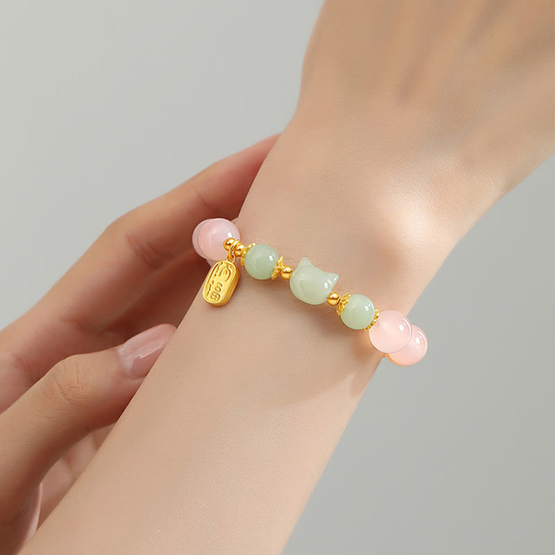 Fortune Jewel 925 Sterling Silver Red Agate Hetian Jade Cat Fu Character Confidence Bracelet