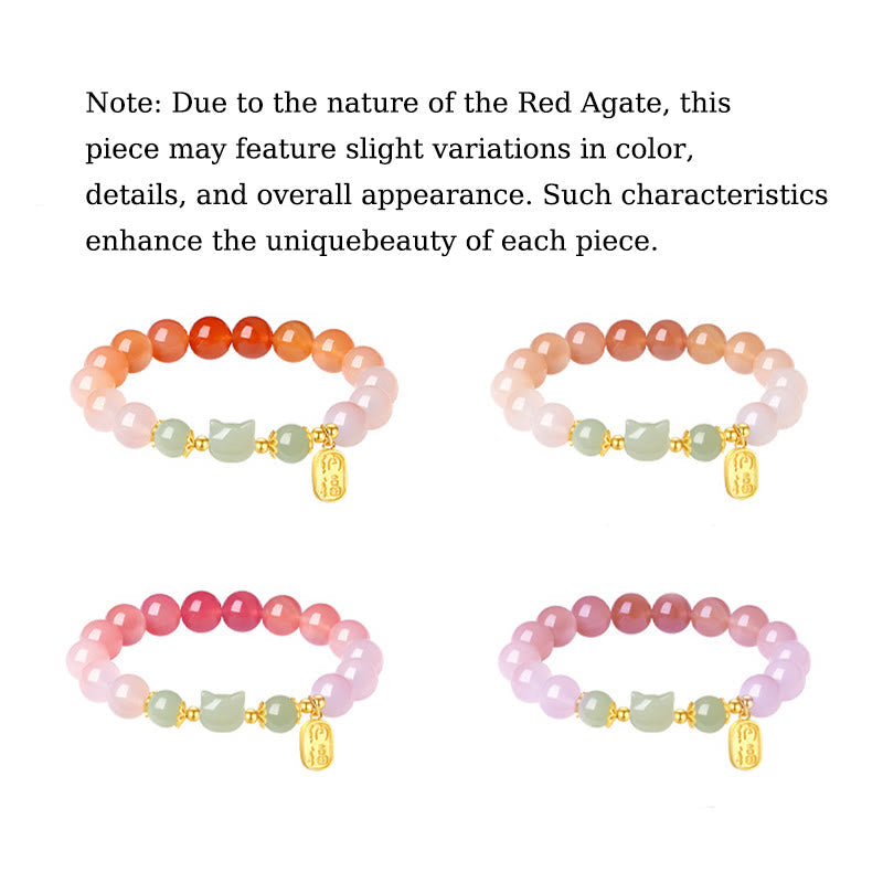 Fortune Jewel 925 Sterling Silver Red Agate Hetian Jade Cat Fu Character Confidence Bracelet