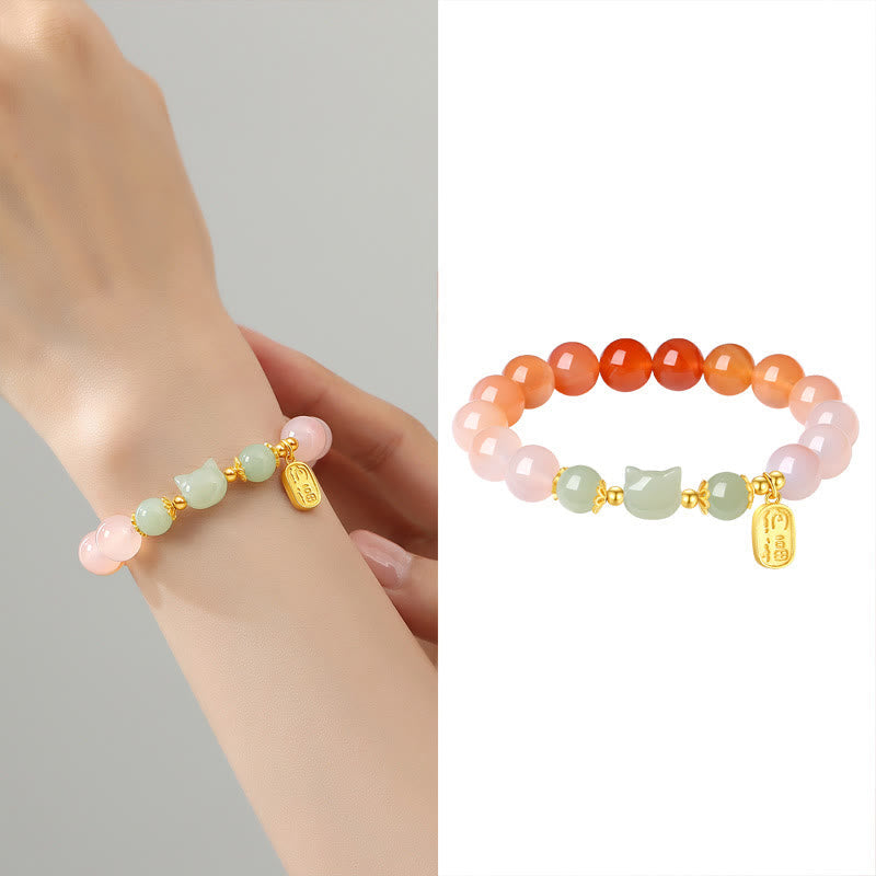 Fortune Jewel 925 Sterling Silver Red Agate Hetian Jade Cat Fu Character Confidence Bracelet