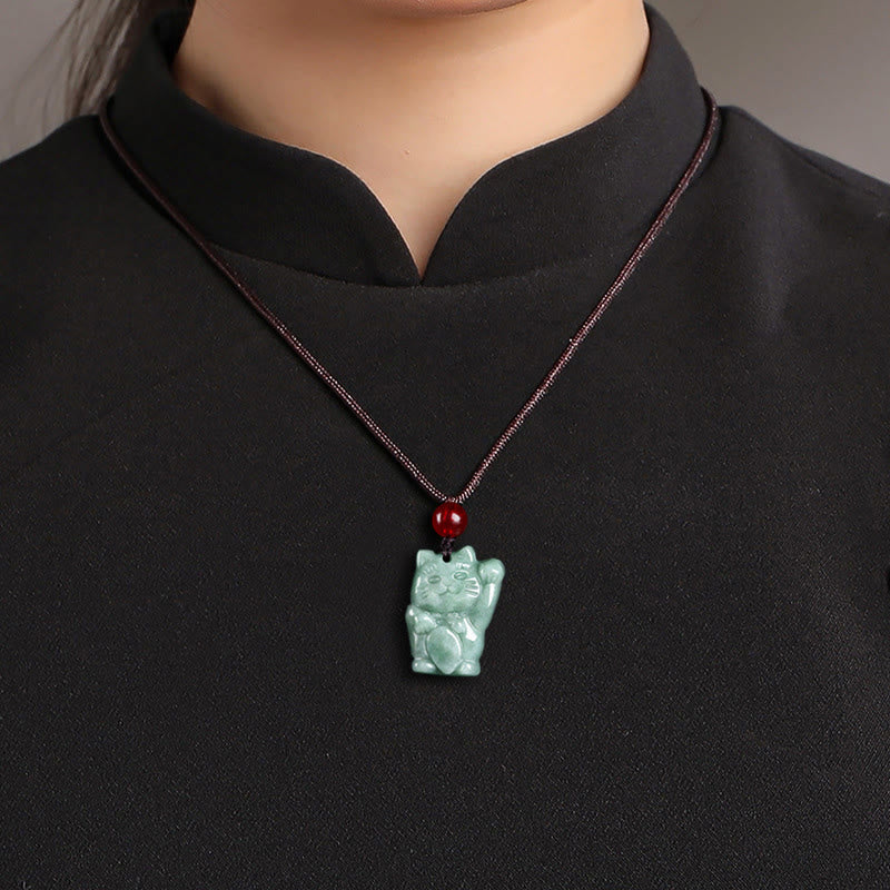 Fortune Jewel Lucky Cat Jade Abundance Necklace Pendant