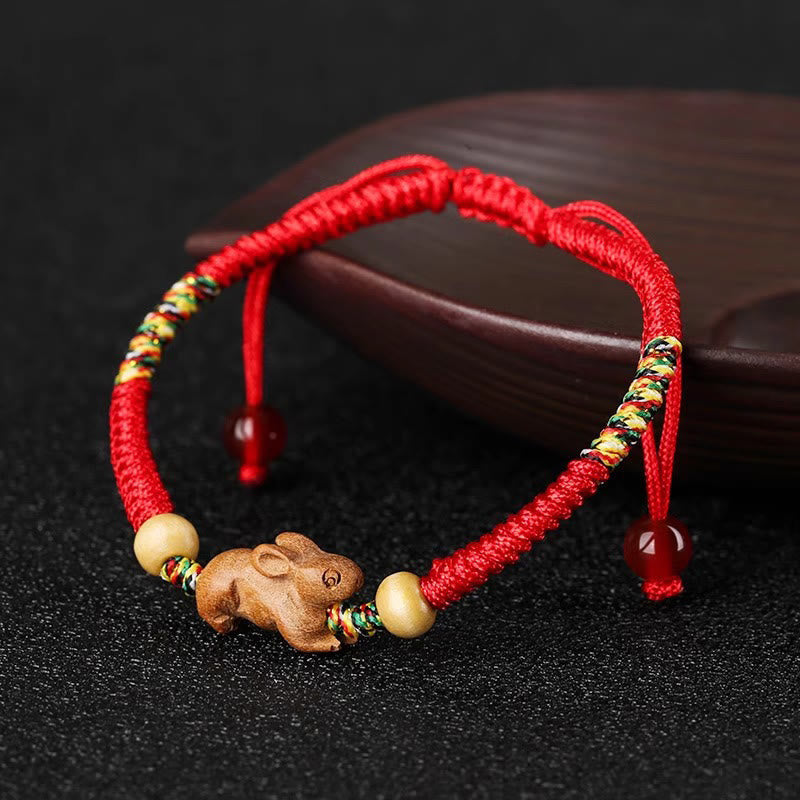 Fortune Jewel Handmade Chinese Zodiac Red String Peach Wood Luck Bracelet