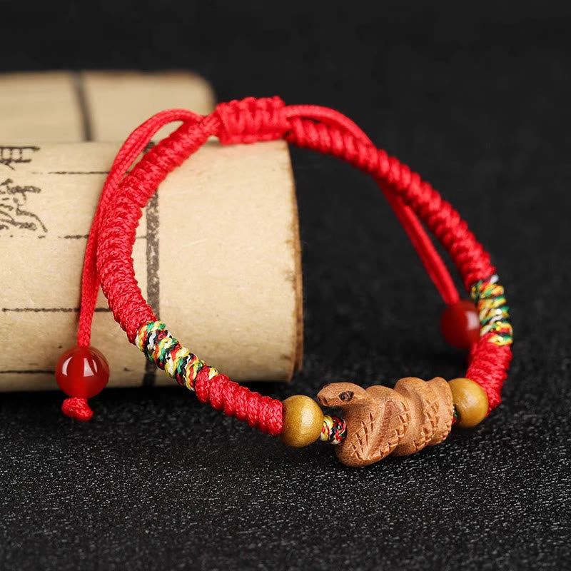 Fortune Jewel Handmade Chinese Zodiac Red String Peach Wood Luck Bracelet