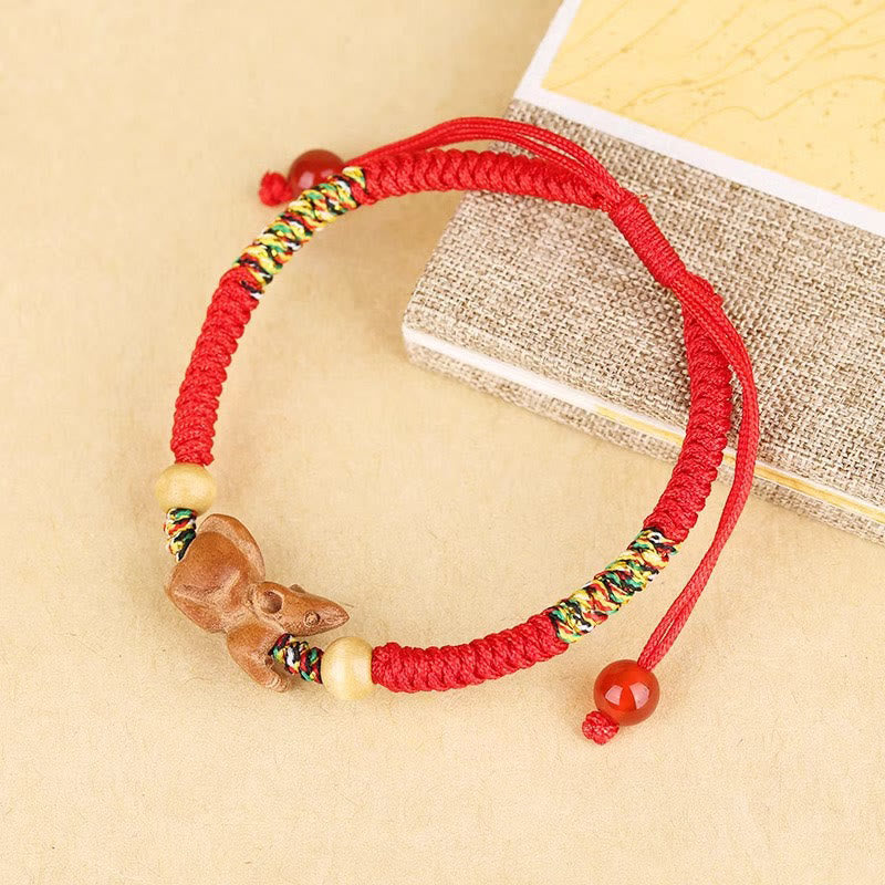 Fortune Jewel Handmade Chinese Zodiac Red String Peach Wood Luck Bracelet