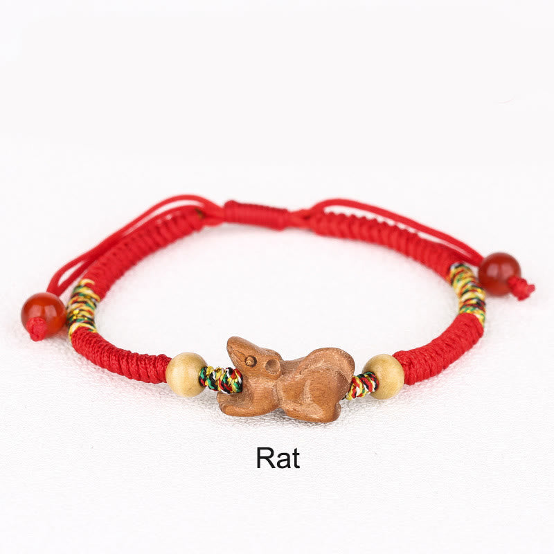 Fortune Jewel Handmade Chinese Zodiac Red String Peach Wood Luck Bracelet