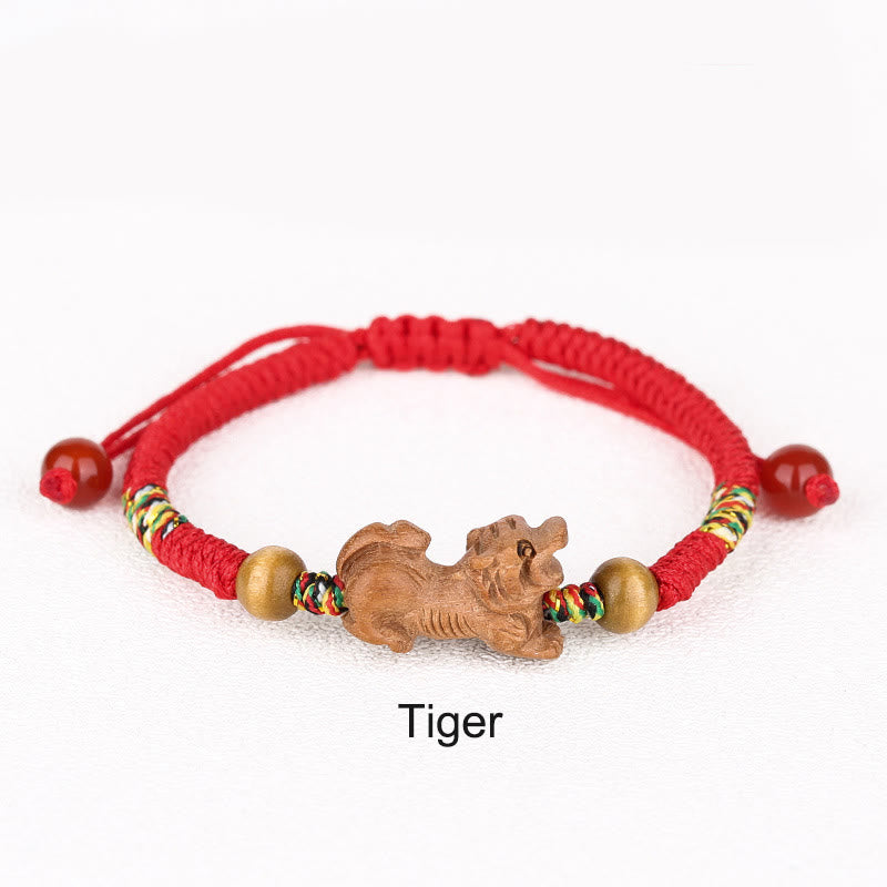 Fortune Jewel Handmade Chinese Zodiac Red String Peach Wood Luck Bracelet