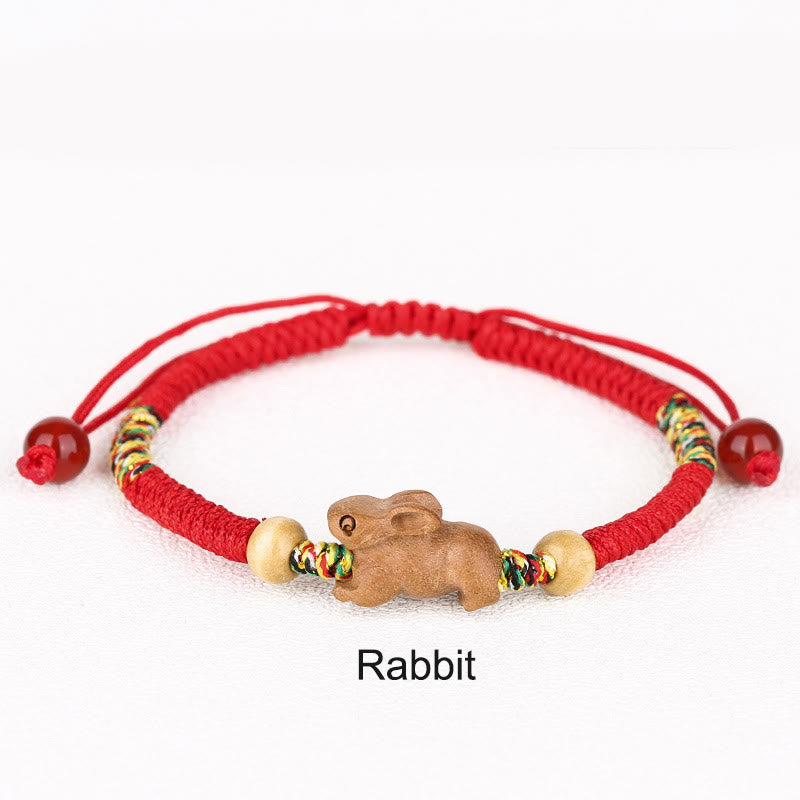 Fortune Jewel Handmade Chinese Zodiac Red String Peach Wood Luck Bracelet