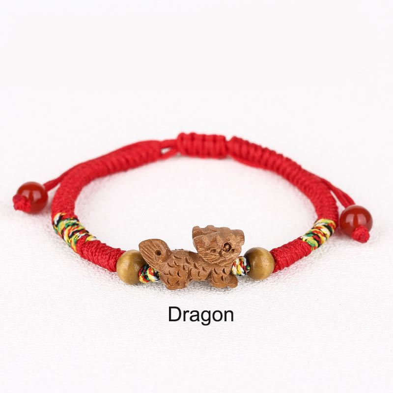 Fortune Jewel Handmade Chinese Zodiac Red String Peach Wood Luck Bracelet