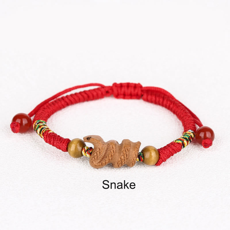 Fortune Jewel Handmade Chinese Zodiac Red String Peach Wood Luck Bracelet