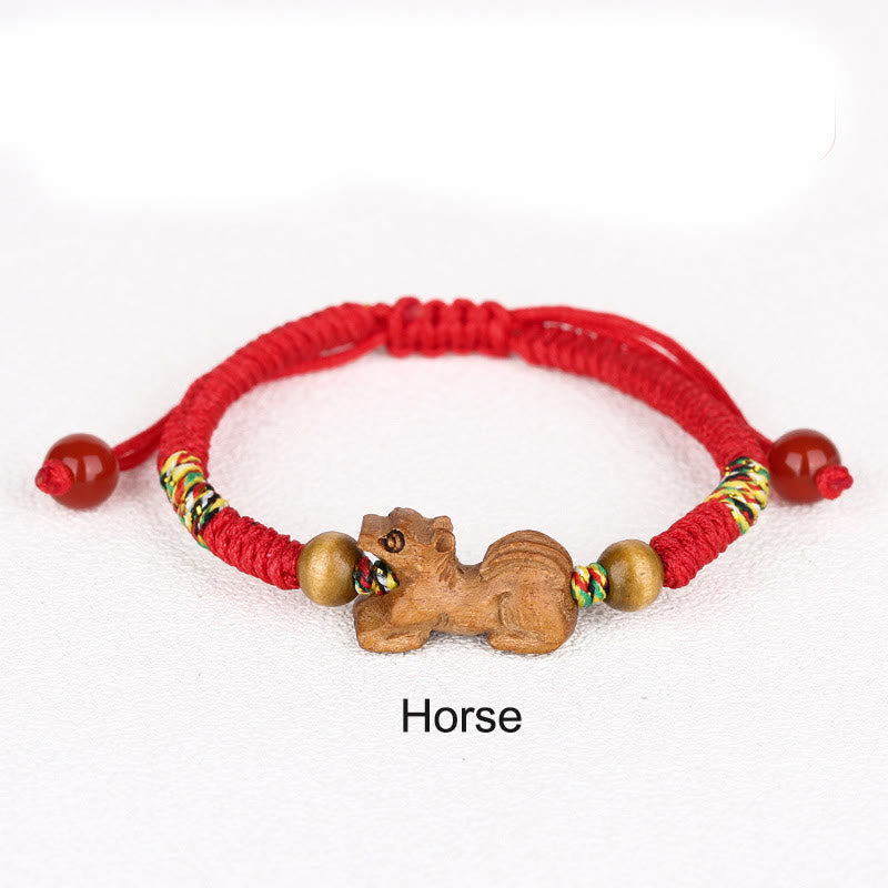 Fortune Jewel Handmade Chinese Zodiac Red String Peach Wood Luck Bracelet