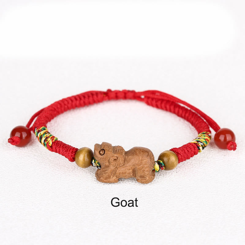 Fortune Jewel Handmade Chinese Zodiac Red String Peach Wood Luck Bracelet