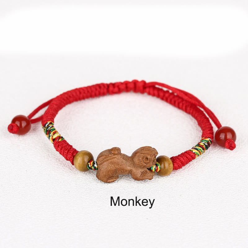 Fortune Jewel Handmade Chinese Zodiac Red String Peach Wood Luck Bracelet