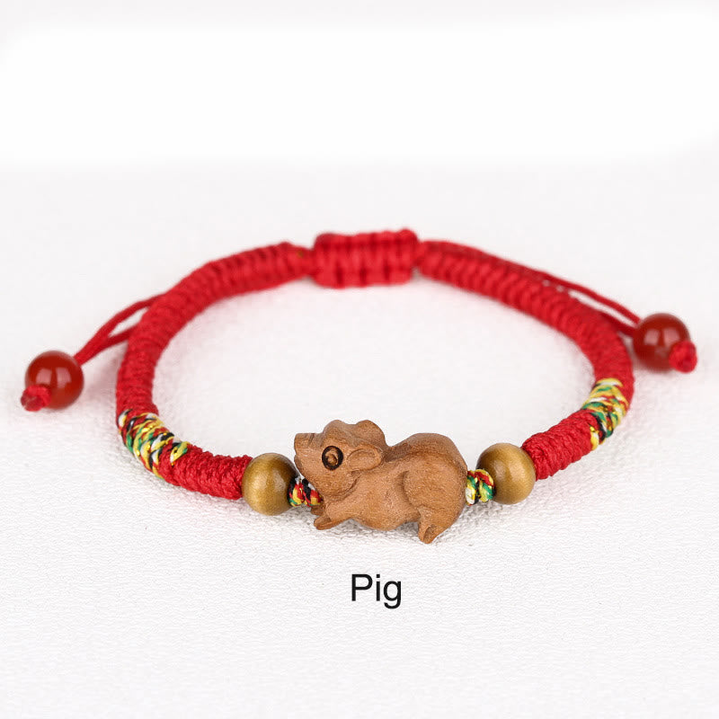 Fortune Jewel Handmade Chinese Zodiac Red String Peach Wood Luck Bracelet