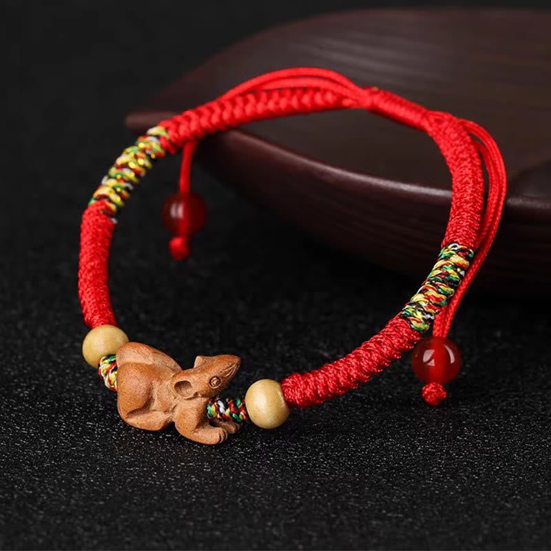 Fortune Jewel Handmade Chinese Zodiac Red String Peach Wood Luck Bracelet