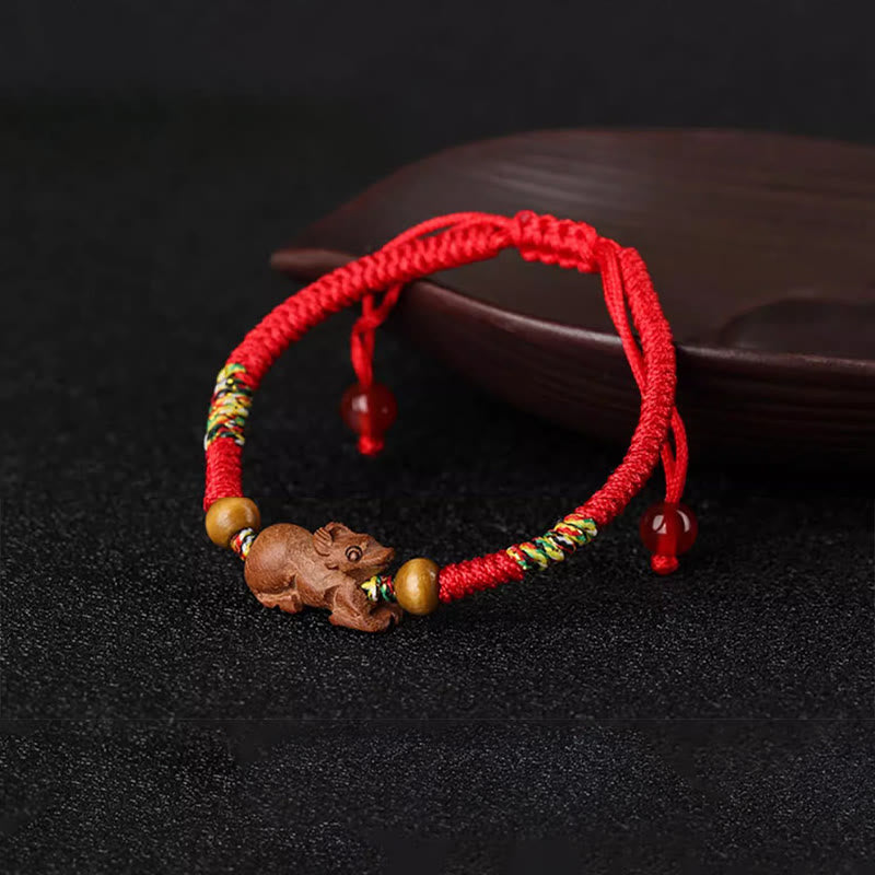 Fortune Jewel Handmade Chinese Zodiac Red String Peach Wood Luck Bracelet