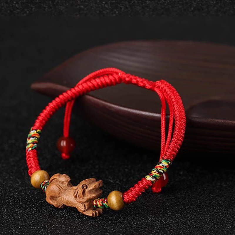 Fortune Jewel Handmade Chinese Zodiac Red String Peach Wood Luck Bracelet