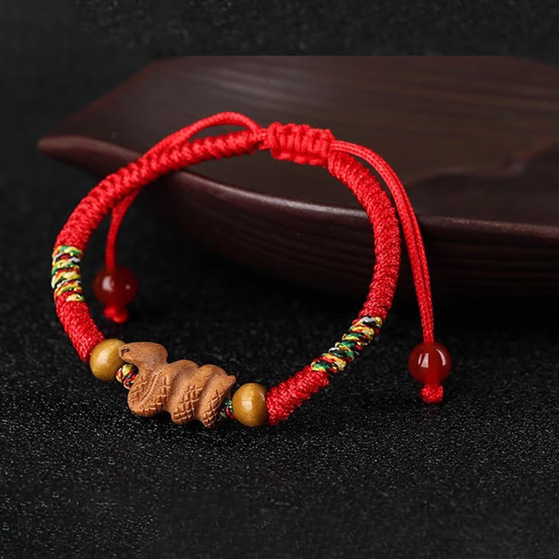 Fortune Jewel Handmade Chinese Zodiac Red String Peach Wood Luck Bracelet