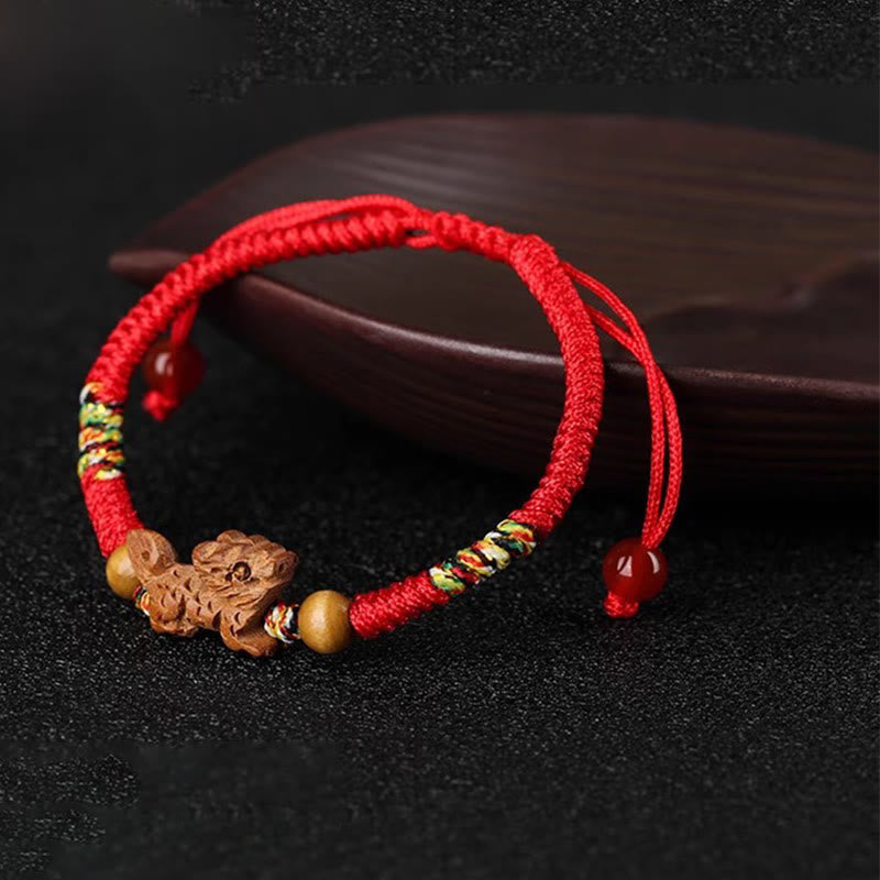 Fortune Jewel Handmade Chinese Zodiac Red String Peach Wood Luck Bracelet