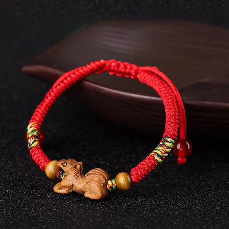 Fortune Jewel Handmade Chinese Zodiac Red String Peach Wood Luck Bracelet