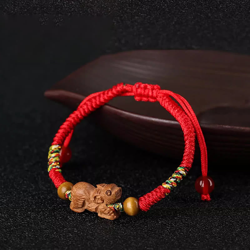 Fortune Jewel Handmade Chinese Zodiac Red String Peach Wood Luck Bracelet