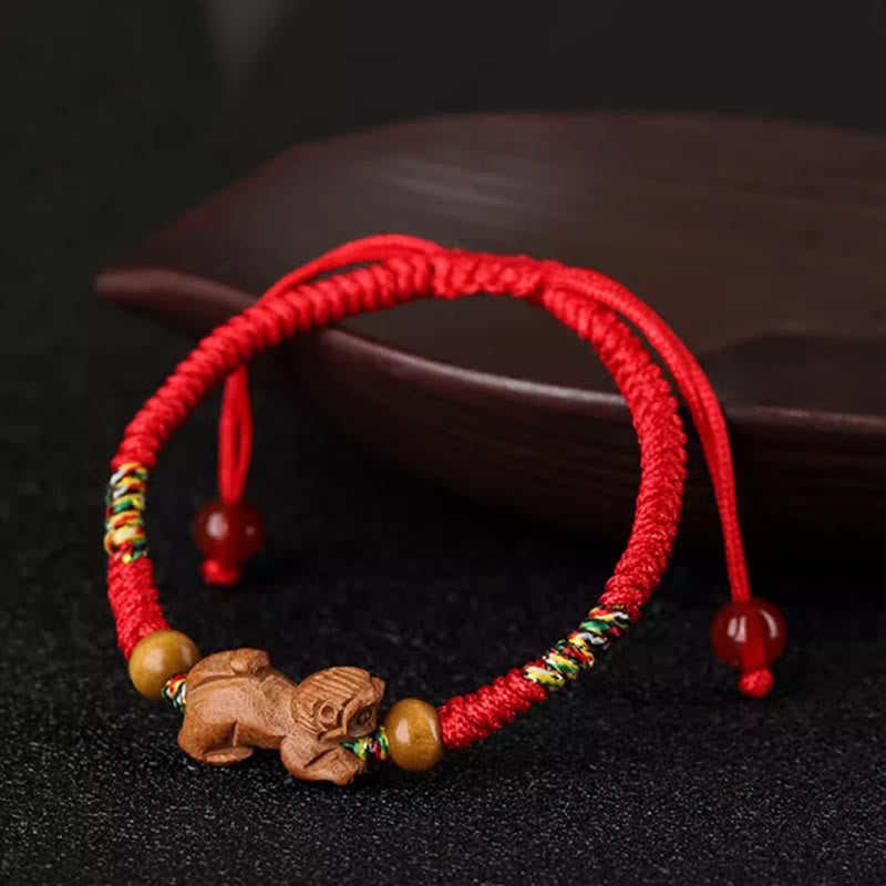 Fortune Jewel Handmade Chinese Zodiac Red String Peach Wood Luck Bracelet