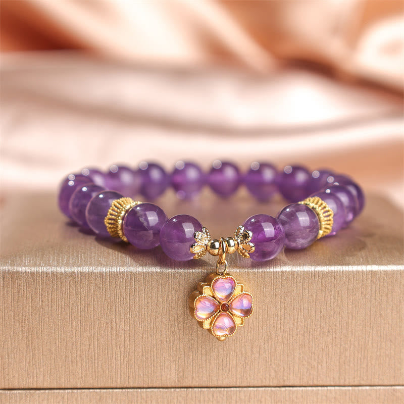 Fortune Jewel Natural Amethyst Four Leaf Clover Charm Communication Bracelet