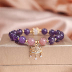 Fortune Jewel Natural Amethyst Strawberry Quartz Peace Lock Charm Positive Bracelet