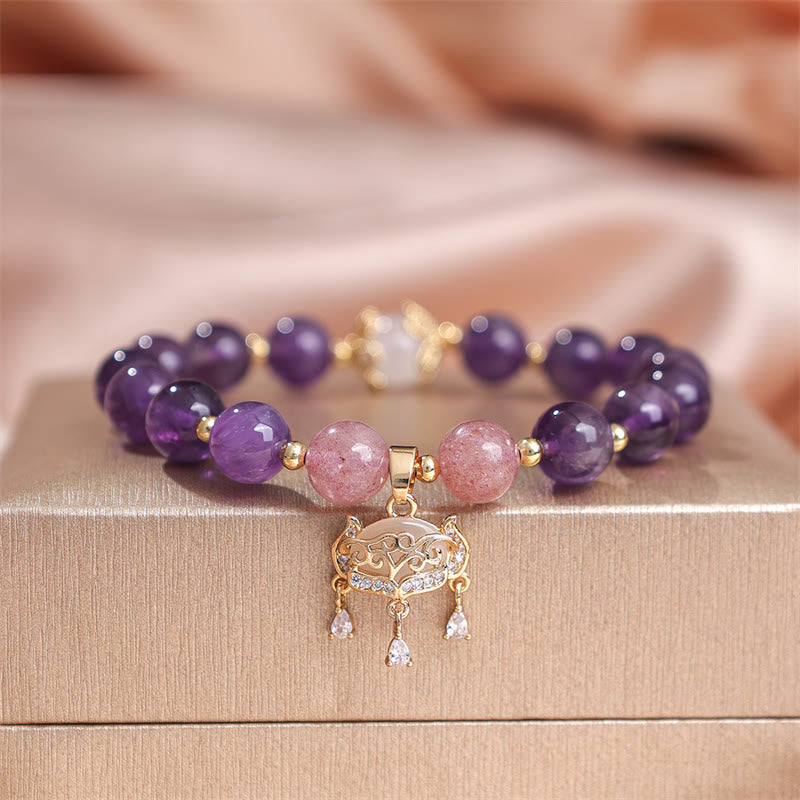 Fortune Jewel Natural Amethyst Strawberry Quartz Peace Lock Charm Positive Bracelet