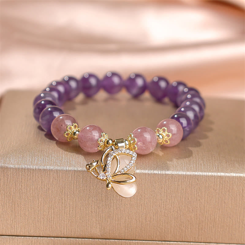 Fortune Jewel Natural Amethyst Strawberry Quartz Crystal Healing Butterfly Charm Bracelet