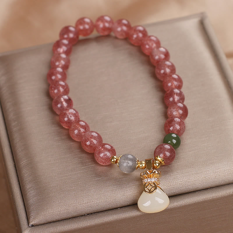 Fortune Jewel Natural Strawberry Quartz Money Bag Charm Positive Bracelet